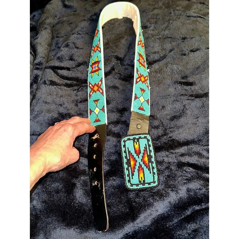 VINTAGE NATIVE TURQUOISE BEADED LEATHER BELT & MATCHING BUCKLE